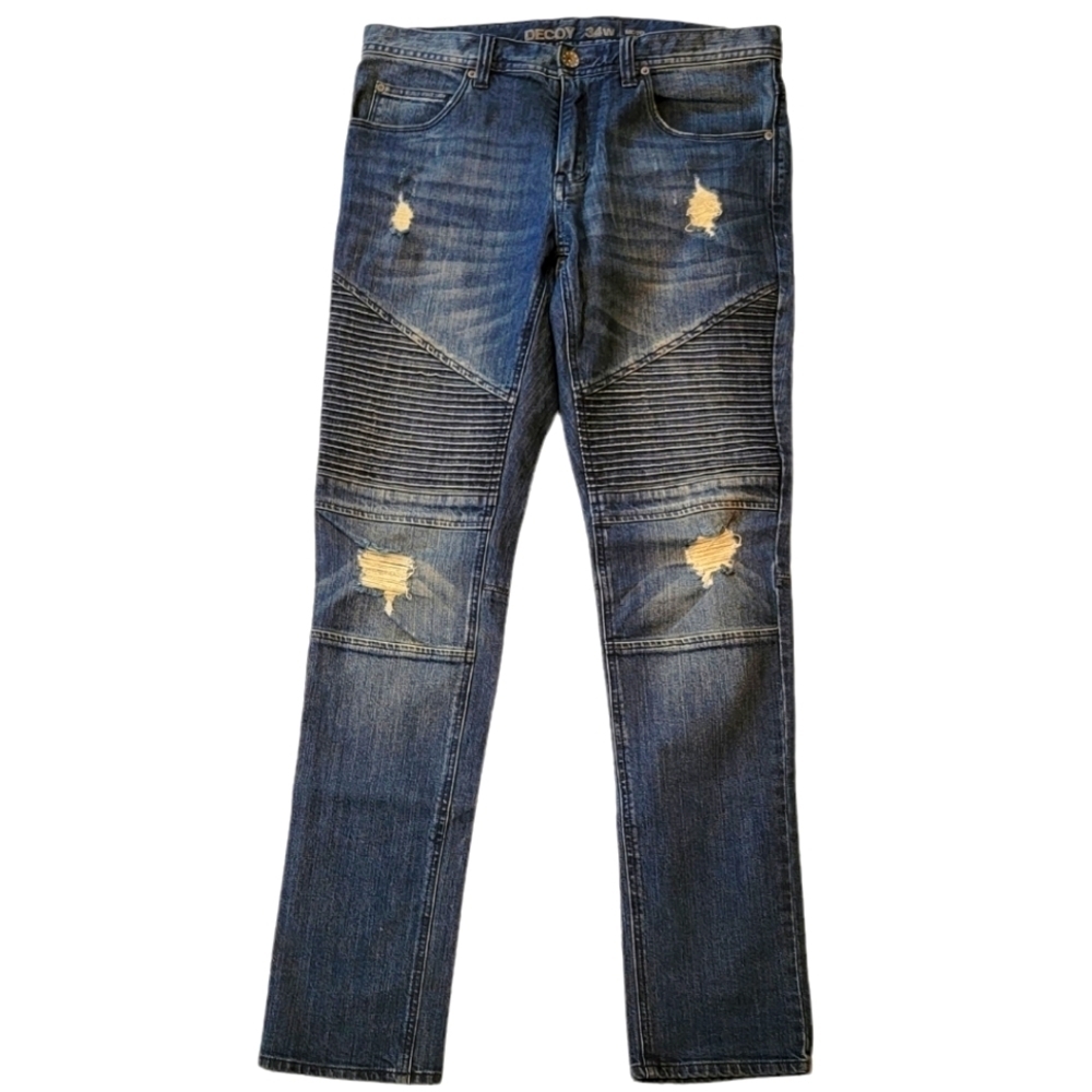 Decoy Low Rise Tapered Moto Jeans Size 34Wx34 Distressed Blue